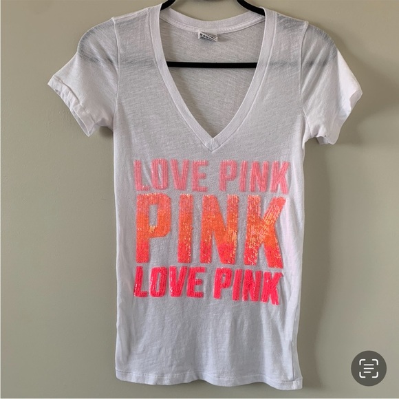 Pink Victoria’s Secret Sequin Letter T-shirt Short sleeve Y2K 2000s White XS - Picture 10 of 12